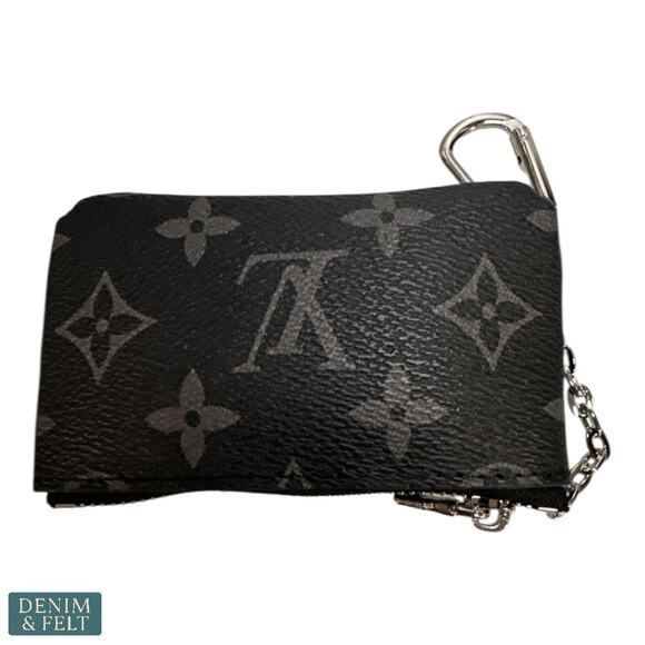 Louis Vuitton Monogram Canvas Key Pouch Coin Card Holder Chain Black~Grey - Picture 5 of 11